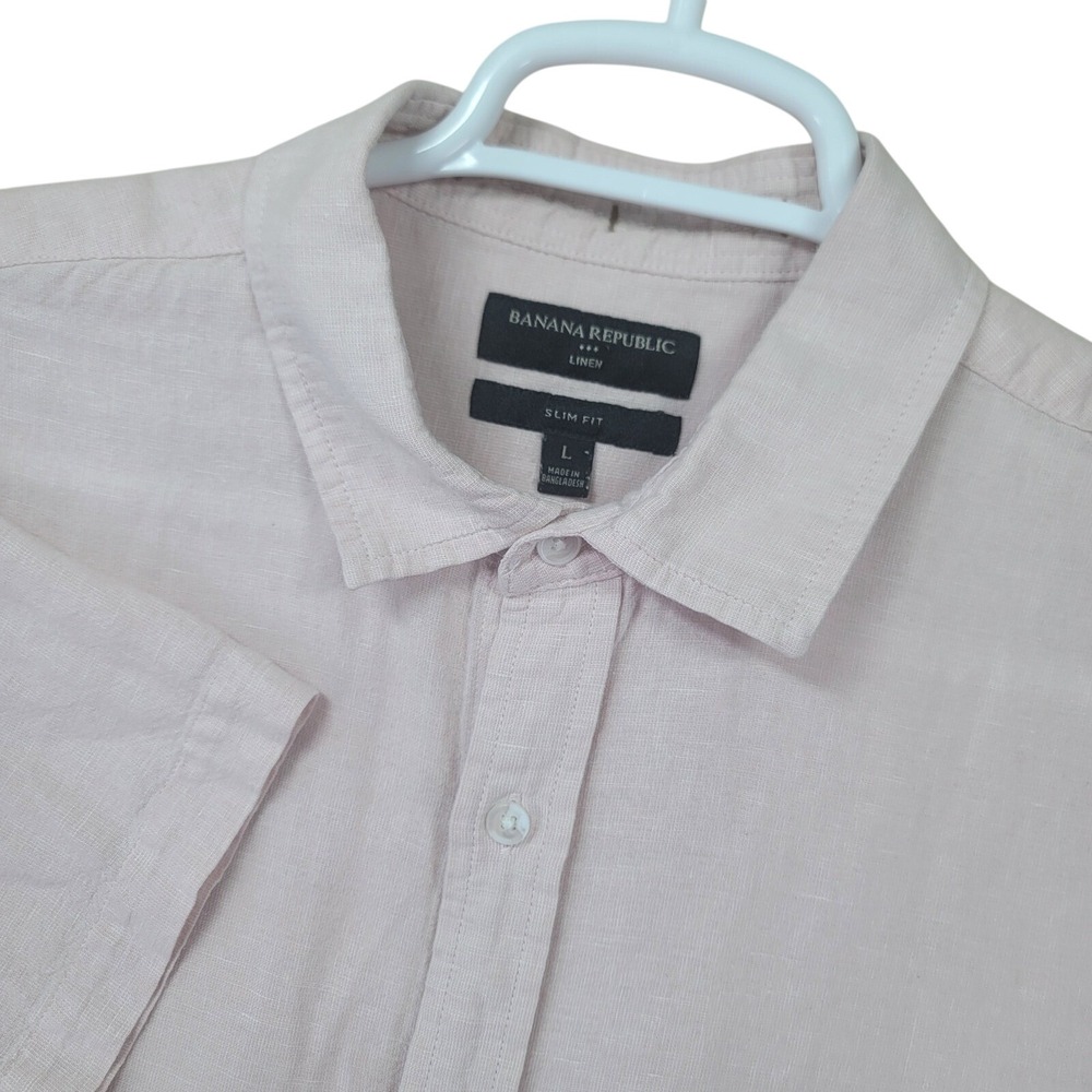 Banana Republic Mens L Slim Fit Linen Blend Short Sleeve Button Down Pink Shirt
